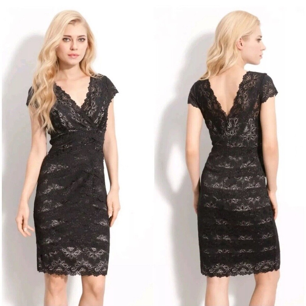 JS Collections Petite Black Floral Sequin Lace Layered V-Neck Sheath Mini Dress